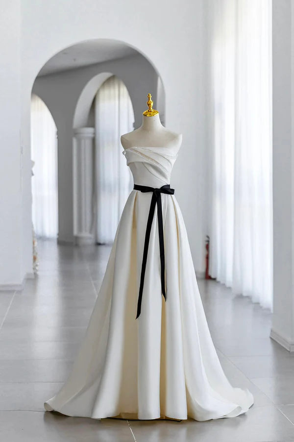 Wholesale Champagne Satin Long A-Line Prom Dress Strapless Formal Evening Dress