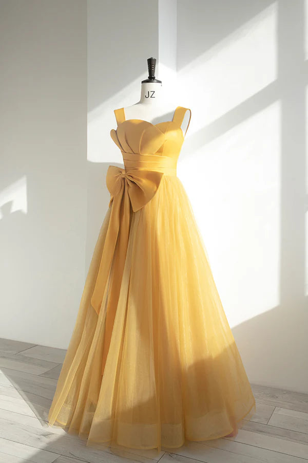 Wholesale Yellow Tulle Long A-Line Prom Dress Cute Evening Dress with Bow