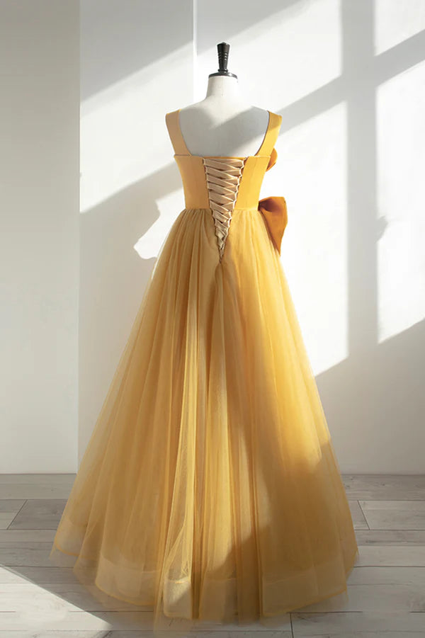 Wholesale Yellow Tulle Long A-Line Prom Dress Cute Evening Dress with Bow