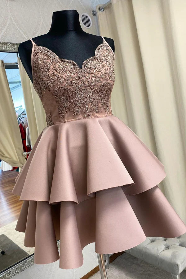 Wholesale Cute V-Neck Lace Short Prom Dress A-Line Spaghetti Straps Homecoming Dress