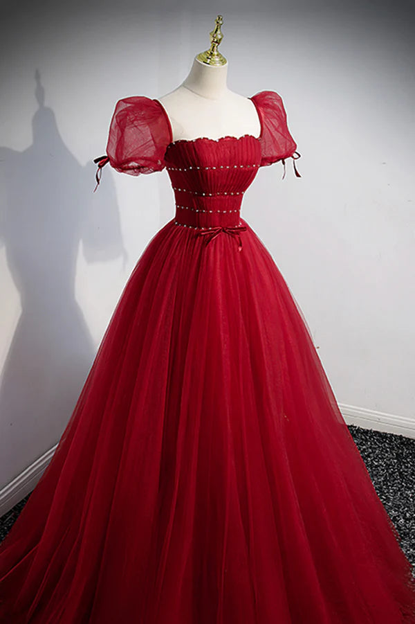 Wholesale Red Tulle Floor Length Evening Party Dress Red Short Sleeve Graduation Dress