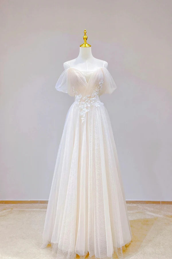 Wholesale Champagne Tulle Long Prom Dress with Lace Off the Shoulder Evening Dress