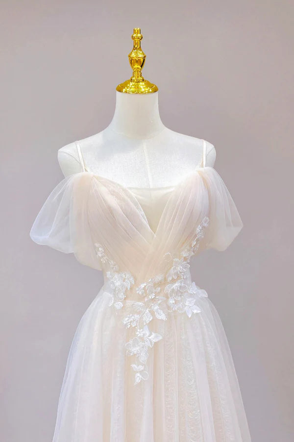 Wholesale Champagne Tulle Long Prom Dress with Lace Off the Shoulder Evening Dress