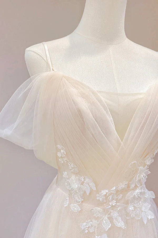 Wholesale Champagne Tulle Long Prom Dress with Lace Off the Shoulder Evening Dress