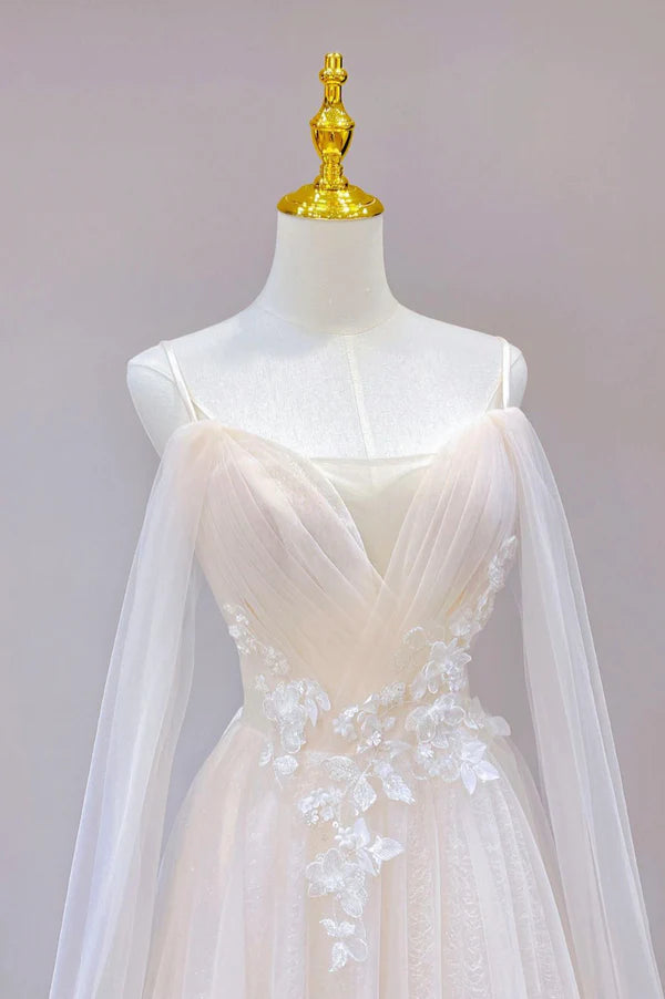 Wholesale Champagne Tulle Long Prom Dress with Lace Off the Shoulder Evening Dress