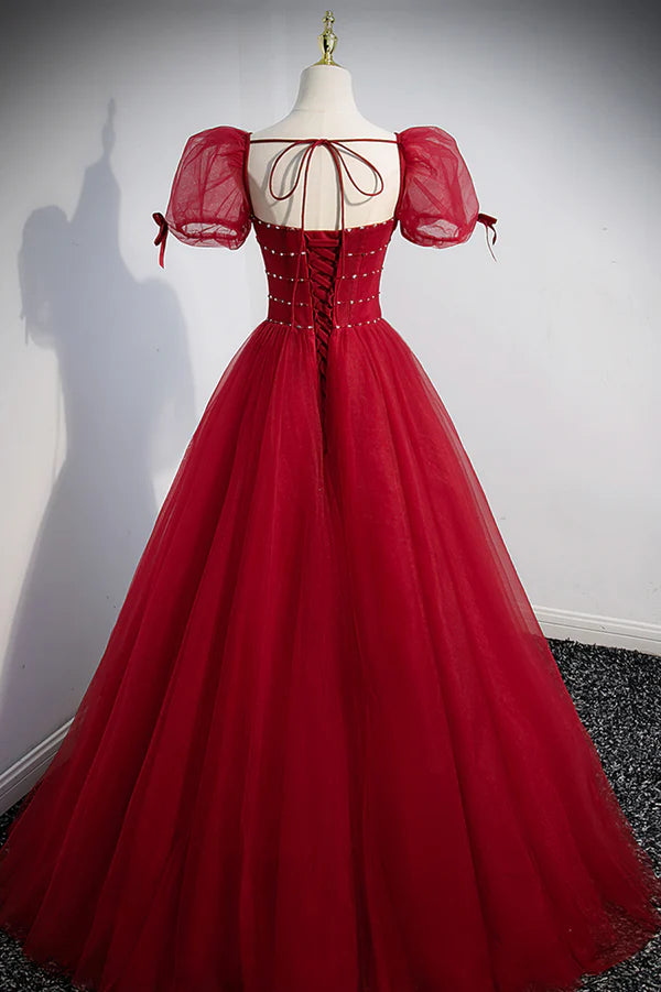 Wholesale Red Tulle Floor Length Evening Party Dress Red Short Sleeve Graduation Dress