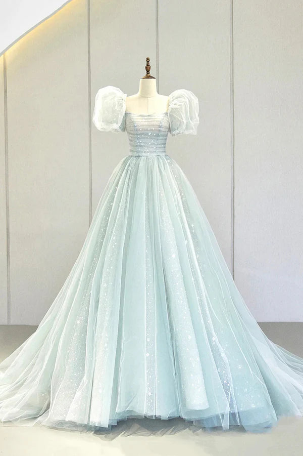 Wholesale Blue Tulle Long A-Line Prom Dress with Sequins Lovely Puff Sleeve Evening Gown