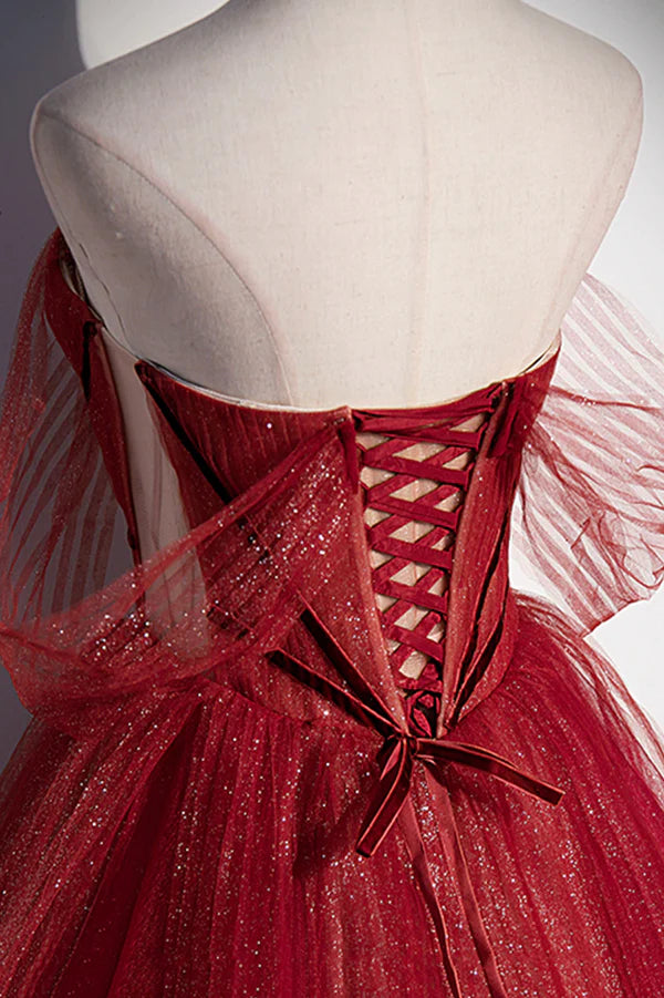 Wholesale Burgundy Tulle Strapless Floor Length Prom Dress A-Line Evening Graduation Dress