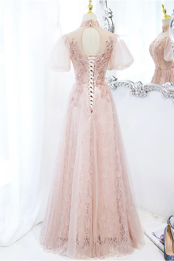Wholesale Pink Tulle Long A-Line Prom Dress Pink Short Sleeve Evening Party Dress
