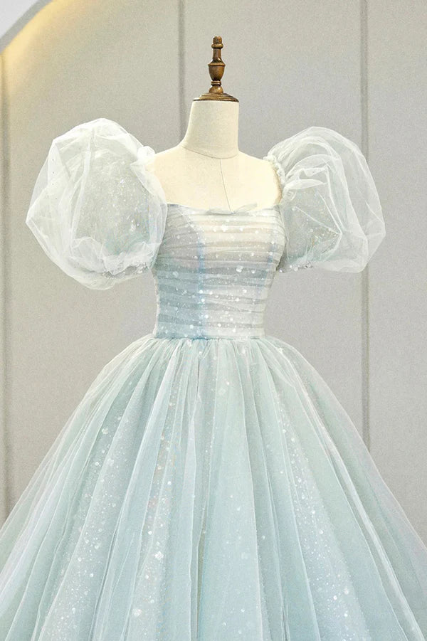 Wholesale Blue Tulle Long A-Line Prom Dress with Sequins Lovely Puff Sleeve Evening Gown