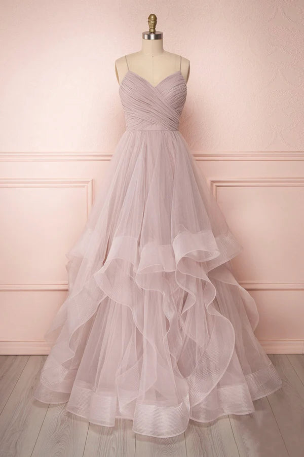 Wholesale A-Line Tulle Layers Long Formal Dress Cute V-Neck Evening Party Dress