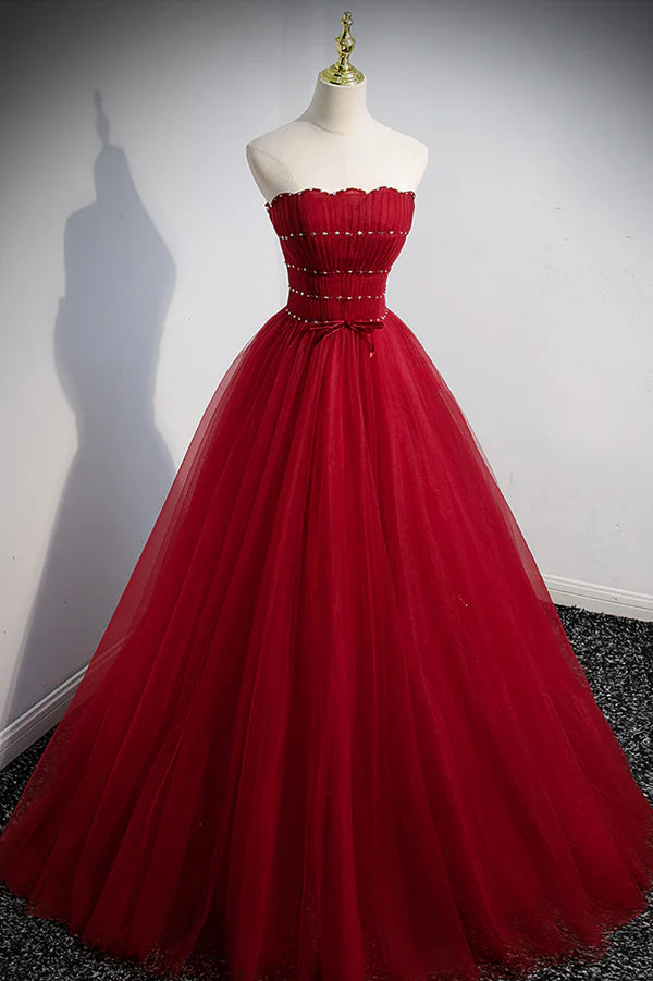 Wholesale Red Tulle Floor Length Evening Party Dress Red Short Sleeve Graduation Dress