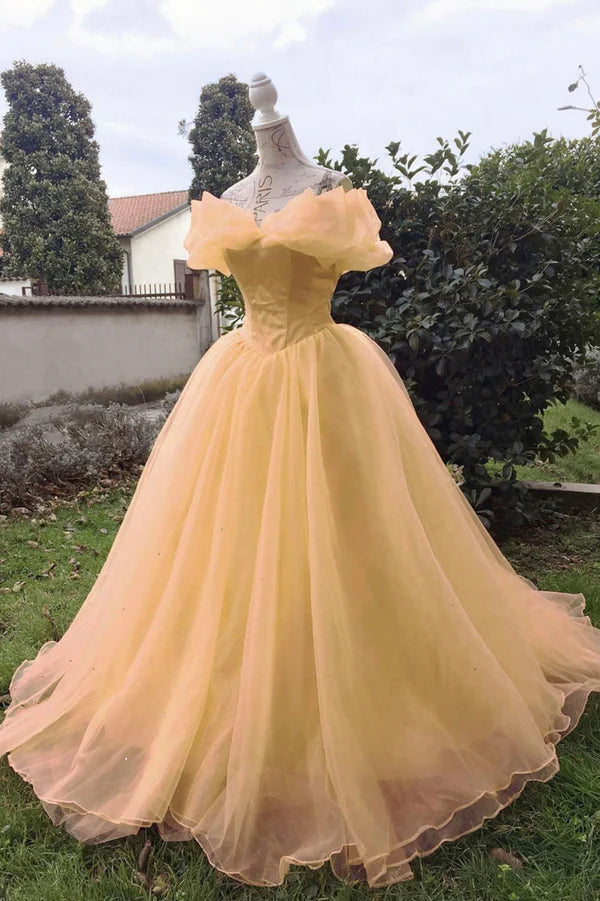 Wholesale Yellow Tulle Long A-Line Prom Dress Off the Shoulder Evening Party Dress