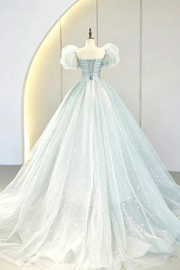 Wholesale Blue Tulle Long A-Line Prom Dress with Sequins Lovely Puff Sleeve Evening Gown