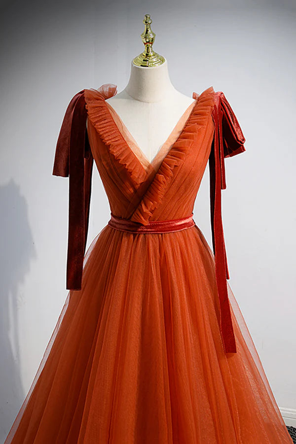 Wholesale A-Line Tulle Long Prom Dress Orange V-Neck Long Simple Evening Dress