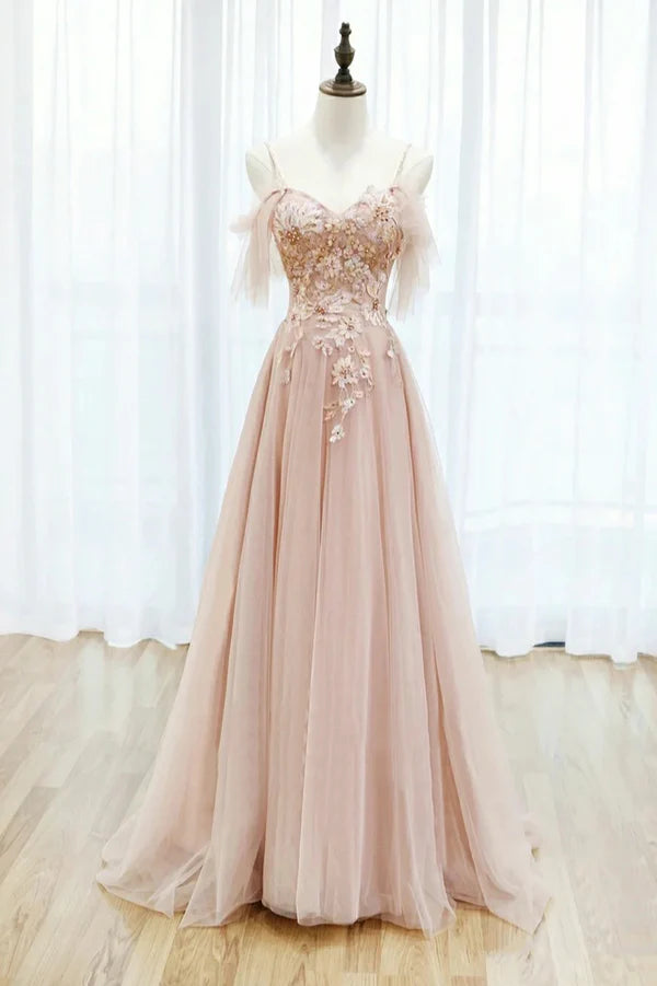 Wholesale Pink Spaghetti Straps Lace Long Prom Dress A-Line Evening Graduation Dress