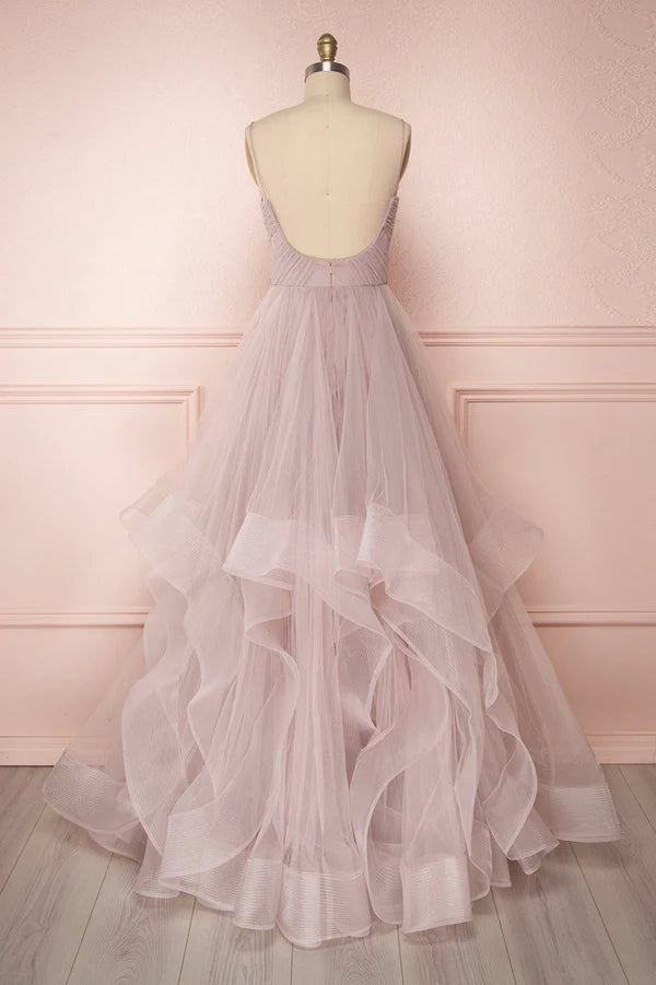 Wholesale A-Line Tulle Layers Long Formal Dress Cute V-Neck Evening Party Dress