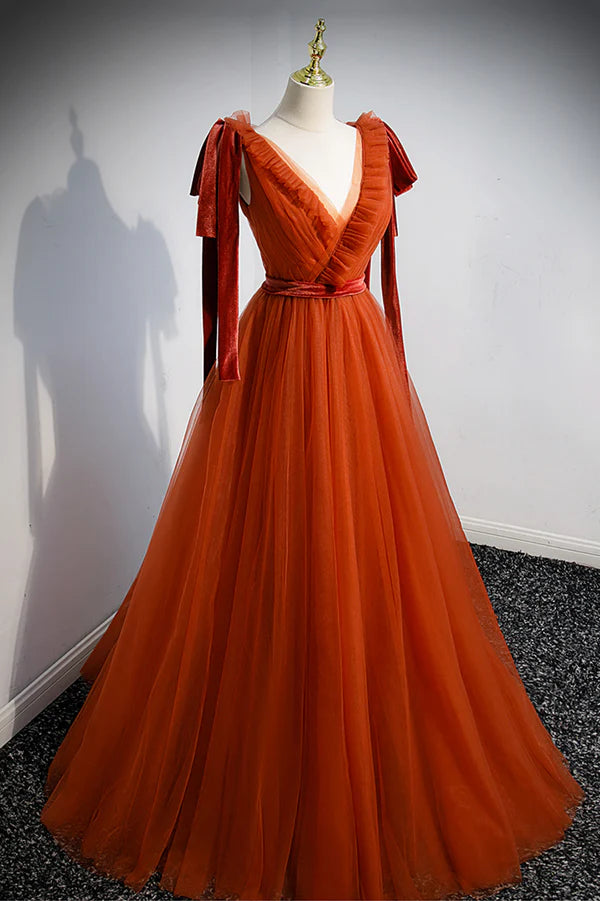 Wholesale A-Line Tulle Long Prom Dress Orange V-Neck Long Simple Evening Dress