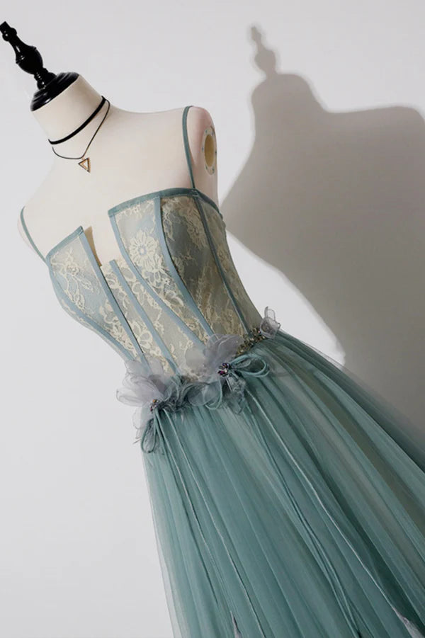 Wholesale Green Tulle Lace Long A-Line Prom Dress Spaghetti Strap Evening Dress