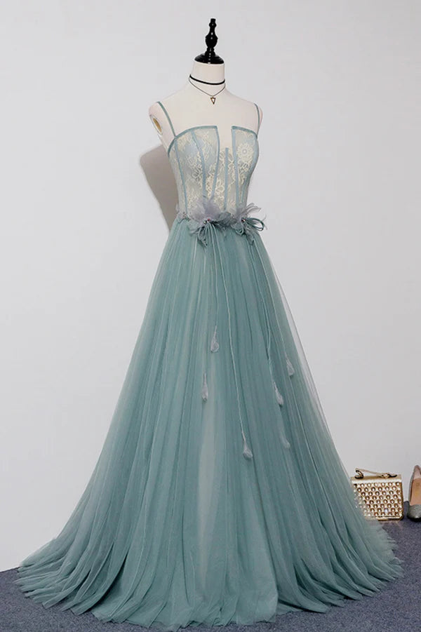 Wholesale Green Tulle Lace Long A-Line Prom Dress Spaghetti Strap Evening Dress