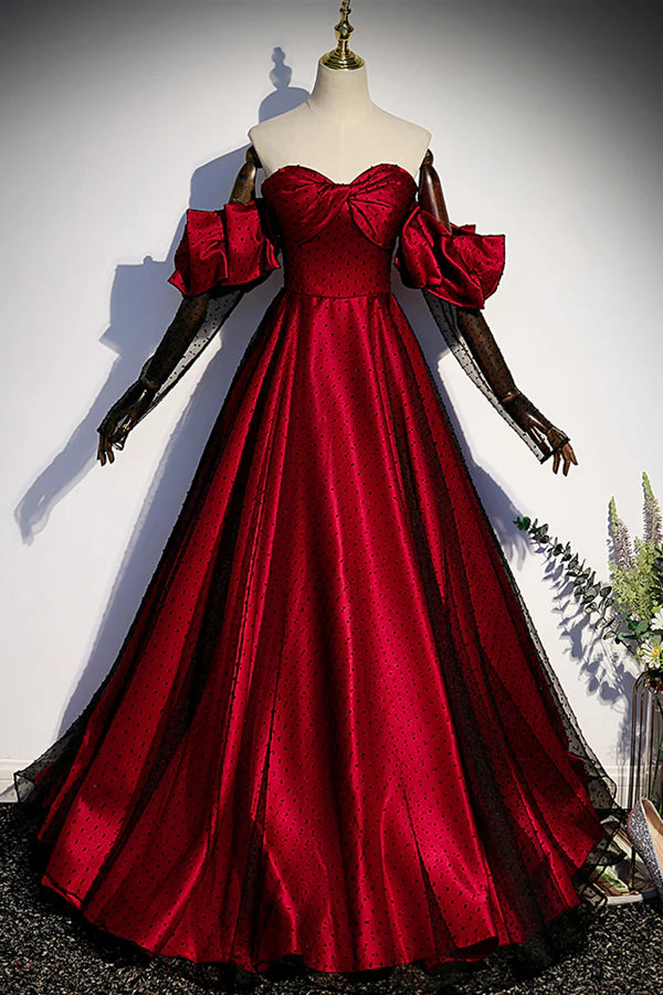 Wholesale Burgundy Satin Tulle Long Prom Dress Off the Shoulder Formal Evening Dress