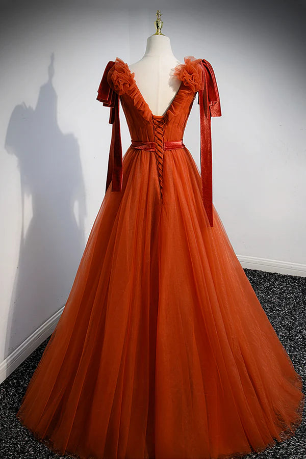 Wholesale A-Line Tulle Long Prom Dress Orange V-Neck Long Simple Evening Dress