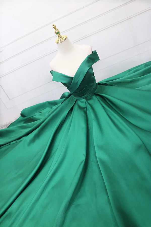 Wholesale Green Satin Long A-Line Prom Dress V-Neck Off the Shoulder Evening Dress