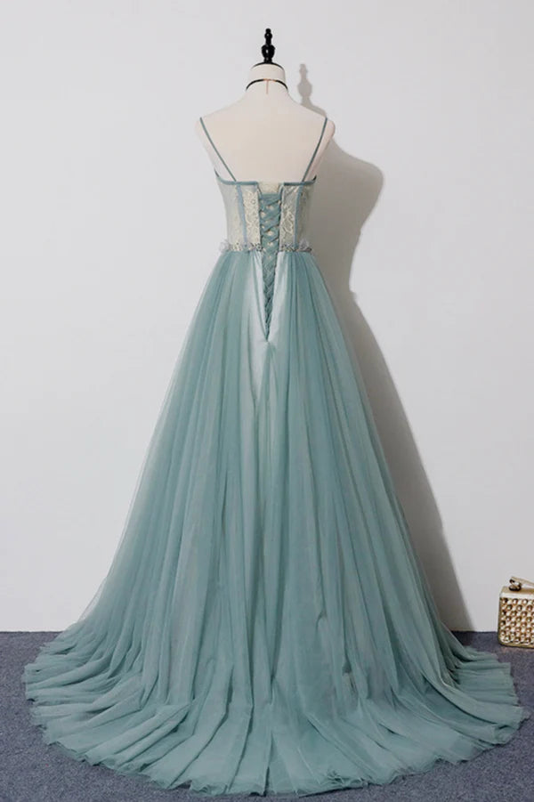 Wholesale Green Tulle Lace Long A-Line Prom Dress Spaghetti Strap Evening Dress