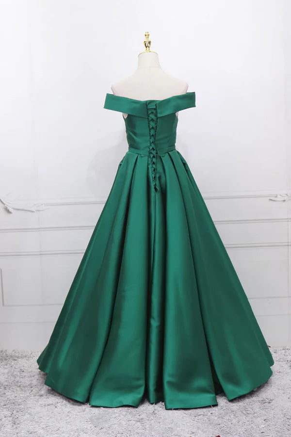 Wholesale Green Satin Long A-Line Prom Dress V-Neck Off the Shoulder Evening Dress