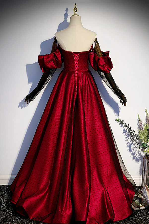 Wholesale Burgundy Satin Tulle Long Prom Dress Off the Shoulder Formal Evening Dress