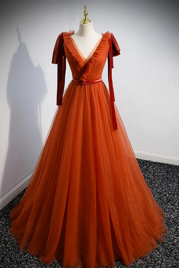 Wholesale A-Line Tulle Long Prom Dress Orange V-Neck Long Simple Evening Dress