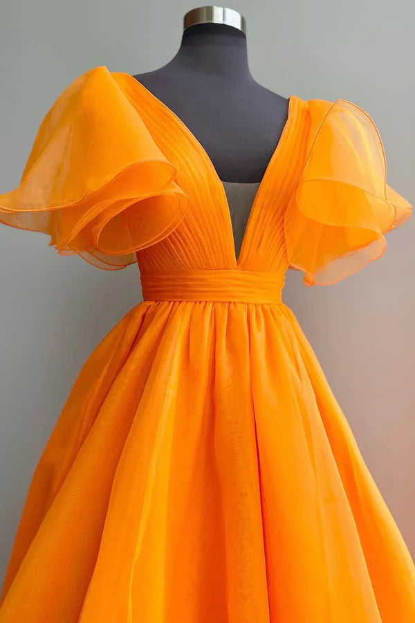 Wholesale Orange V-Neck Long Prom Dress Beautiful A-Line Short Sleeve Evening Dress