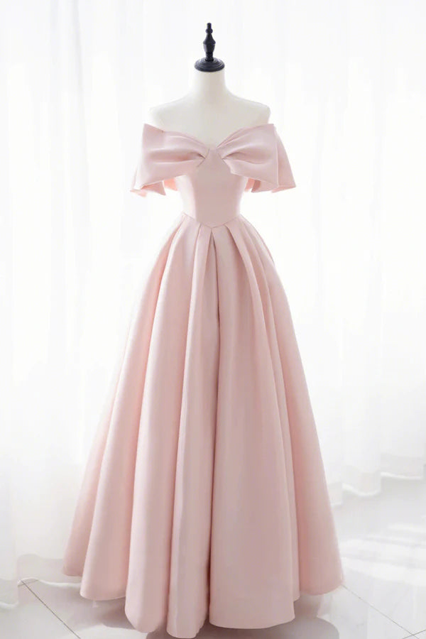 Wholesale Pink Satin Long Prom Dress Cute Off Shoulder Evening Dress