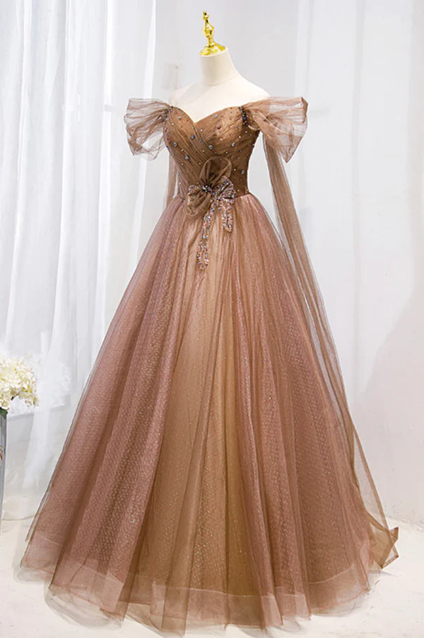 Wholesale A-Line Tulle Beaded Long Formal Dress Off the Shoulder Evening Dress
