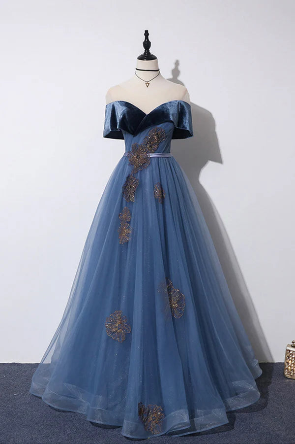 Wholesale Blue Velvet Tulle Long A-Line Prom Dress Off the Shoulder Evening Dress
