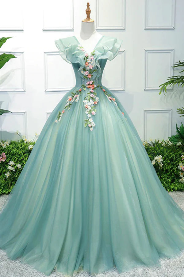 Wholesale Green V-Neck Tulle Long A-Line Prom Dress A-Line Evening Formal Gown