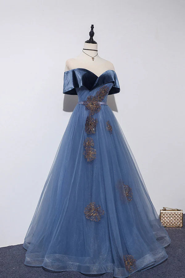 Wholesale Blue Velvet Tulle Long A-Line Prom Dress Off the Shoulder Evening Dress