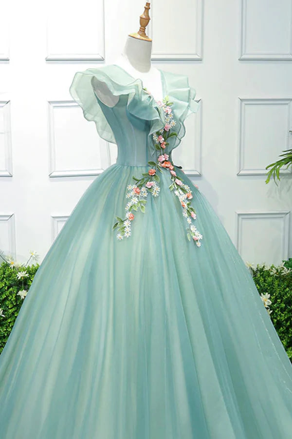 Wholesale Green V-Neck Tulle Long A-Line Prom Dress A-Line Evening Formal Gown