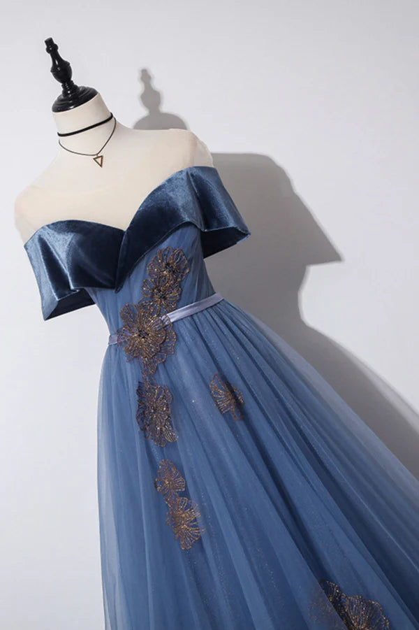 Wholesale Blue Velvet Tulle Long A-Line Prom Dress Off the Shoulder Evening Dress