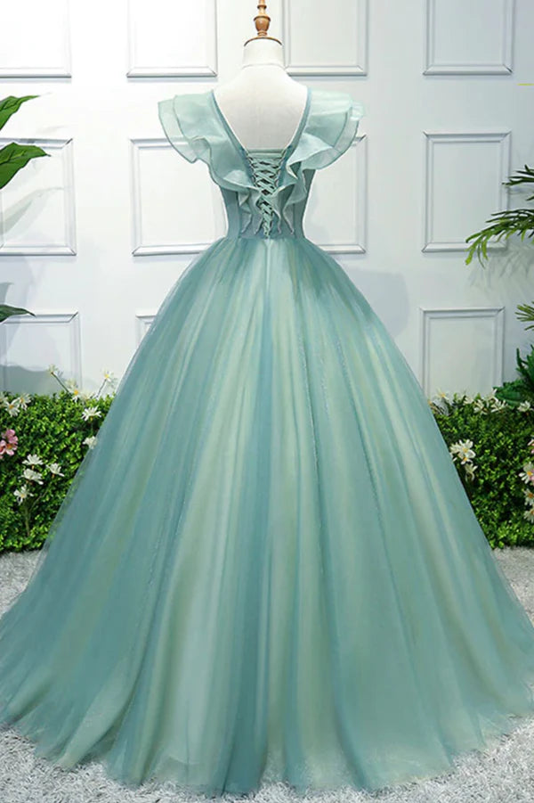 Wholesale Green V-Neck Tulle Long A-Line Prom Dress A-Line Evening Formal Gown