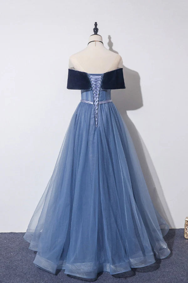 Wholesale Blue Velvet Tulle Long A-Line Prom Dress Off the Shoulder Evening Dress