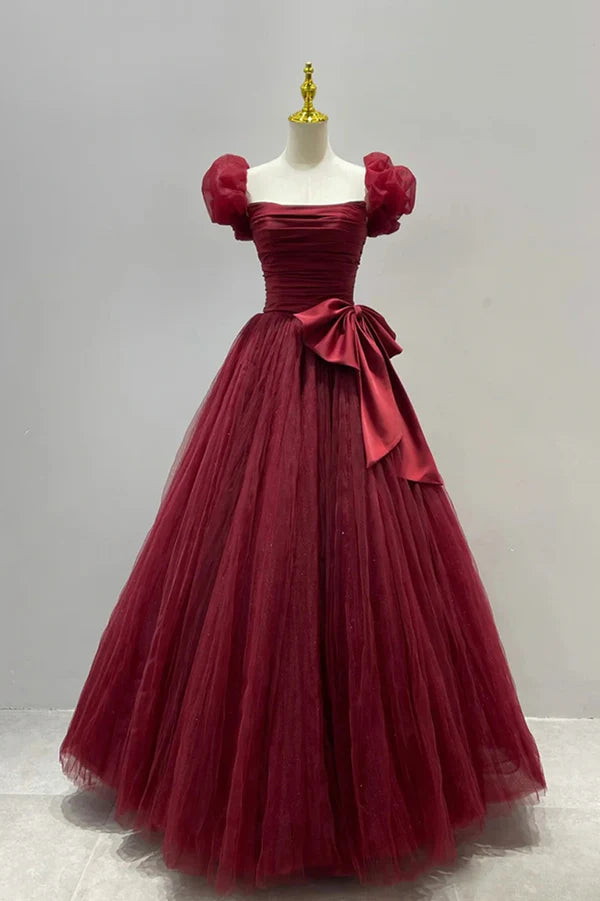 Wholesale Burgundy Tulle Long A-Line Prom Dress Lovely Evening Graduation Dress
