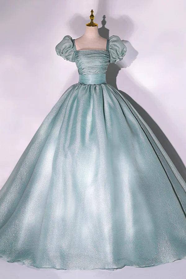 Wholesale Green Tulle Long A-Line Prom Dress Cute Short Sleeve Evening Party Dress