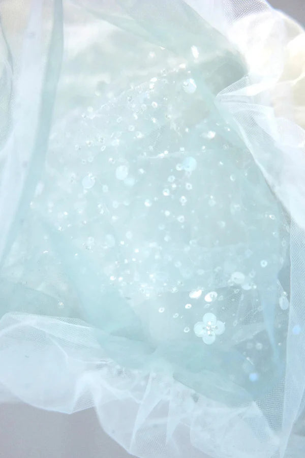 Wholesale Blue Tulle Long A-Line Prom Dress with Sequins Lovely Puff Sleeve Evening Gown