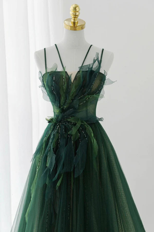Wholesale Green Tulle Long A-Line Prom Dress Beautiful Spaghetti Straps Evening Dress