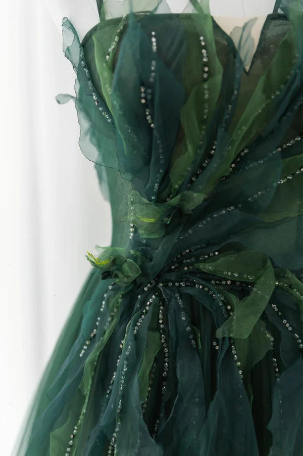 Wholesale Green Tulle Long A-Line Prom Dress Beautiful Spaghetti Straps Evening Dress