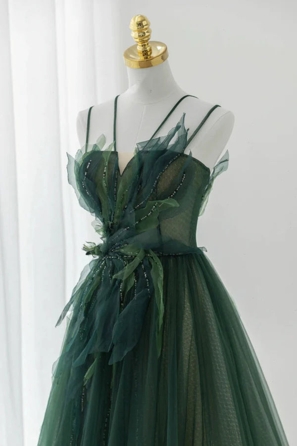 Wholesale Green Tulle Long A-Line Prom Dress Beautiful Spaghetti Straps Evening Dress