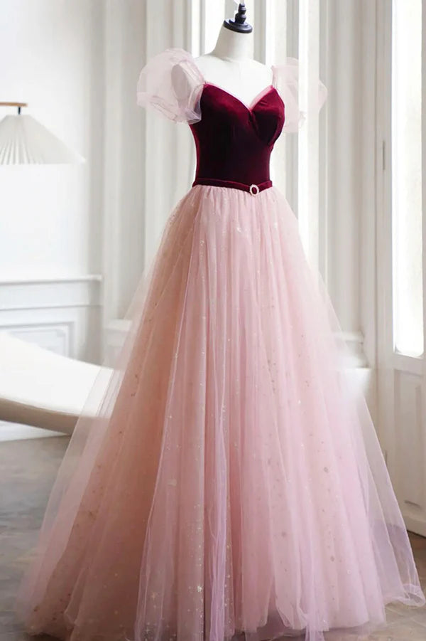 Wholesale A-Line Velvet Tulle Long Prom Dress Pink Short Sleeve Formal Evening Dress