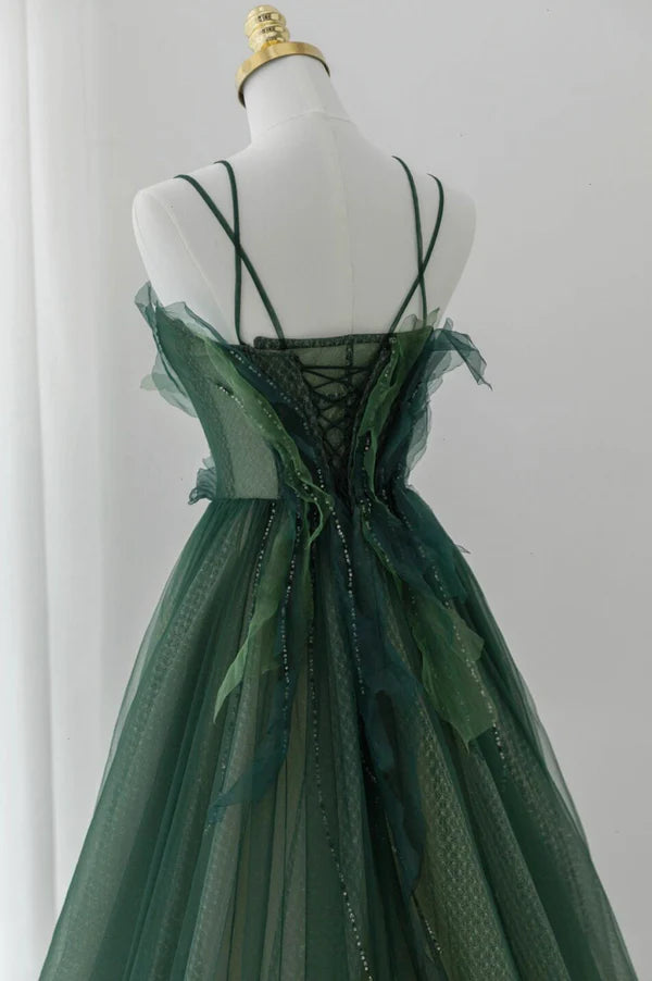 Wholesale Green Tulle Long A-Line Prom Dress Beautiful Spaghetti Straps Evening Dress