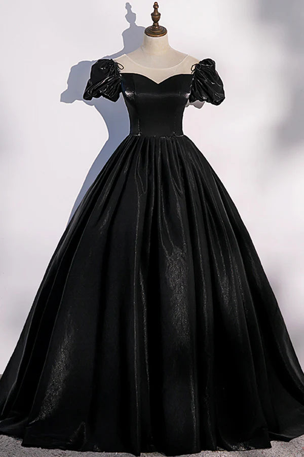 Wholesale Black Satin Long Prom Dress Black A-Line Short Sleeve Evening Dress